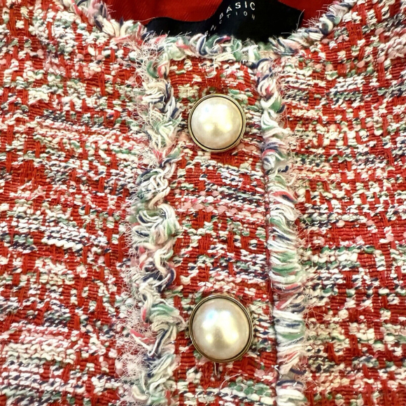 Zara Woman Red Pink Tweed Boucle Jacket Blazer M Pearl Button Frayed Blogger - Picture 6 of 16